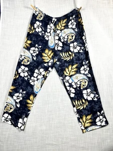 Vintage Paradise Gold Sz XL Rayon Blue Floral Drawstring Pants Hawaiian - Picture 1 of 9