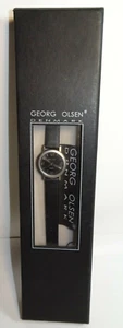GEORG OLSEN DENMARK LADIES QUARTZ ANALOG WATCH SILVER TONE BLACK LEATHER BAND - Picture 1 of 8
