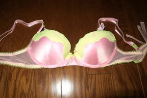 34A ❤️ SATIN LACE ❤️ TEASE BRA VICTORIA'S SECRET BALCONET PUSH UP NWT PINK NEON - Picture 1 of 3