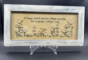 Vintage Handmade Embroidered Wall Sign Button Flowers Wood Glass Frame 17.5 x 9 - Picture 1 of 7