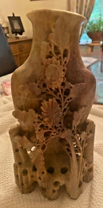 Vintage 10" Chinese Carved Green Soapstone Vase with Sculptured Flowers - Picture 1 of 4
