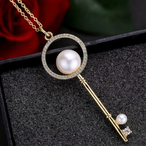 Best Sell Huge Key Design Natural White Pearl Gems Gold Plated Necklace Pendants - Picture 1 of 8