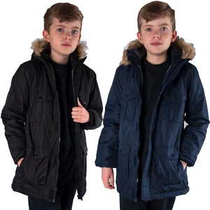 BOYS PARKA JACKET KIDS WINTER RETRO PADDED PARKER FAUX FUR HOODED SCHOOL COAT - Picture 1 of 5