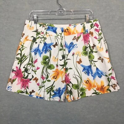 Pantalones Cortos INC 12 Mezcla de Lino Tropical Coloridos Lirios Mariposas Blanco Hawaiano Foto 1 de 4