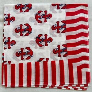 Vintage Handkerchief White Cotton Red Pattern Anchors Border Striped Bandana 20" - Picture 1 of 5