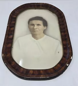 VINTAGE BROWN TIGER STRIPE WOODEN WOMAN PHOTO WALL FRAME W/CONVEX GLASS 18"x12" - Picture 1 of 6