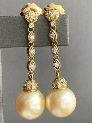 Vintage Diamond Golden South Sea Pearl Earrings Estate Fine Jewelry Pre-Owned 18 - Image 1 of 4