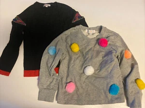 2 Girls sweaters Junior Gaultier black plaid zip Jelly fish pom grey 6 - Picture 1 of 6
