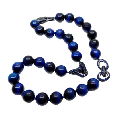 Colar conector corrente anel pavê olho de tigre azul redondo 14 mm Cz 20"" - Imagem 1 de 4