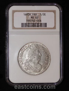 NGC MS63 1693-A FRANCE Louis XIV Paris Mint 1/2 Ecu, Highest Grade in NGC - Picture 1 of 4