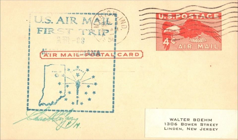 1956 USA Airmail Postal card Marion Indiana to New Jersey Chicago Rear - Image 1 of 2