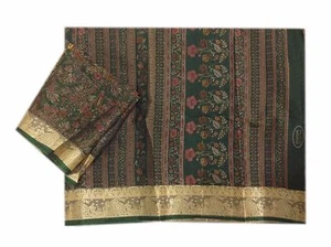 Om Vintage Indian Sari Art Silk Floral Printed Green Saree,Blouse Piece Y10519 - Picture 1 of 12