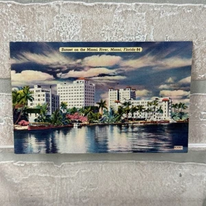 Miami, FL Florida Miami Fluss Sonnenuntergang Vintage Leinen Postkarte nicht verschickt - Bild 1 von 11