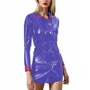 PVC Leder Minikleid Neuheit Uniform Zweireiher Langarm Damen Kleid - Bild 1 von 10