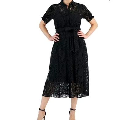 Vestido camisero Anne Klein para mujer negro manga abullonada cintura corbata encaje talla 12 Foto 1 de 4