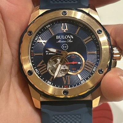 Bulova Men's Watch 98A227 Marine Star Automatic Blue Rubber Strap Rose Gold 44mm - Image 1 of 4