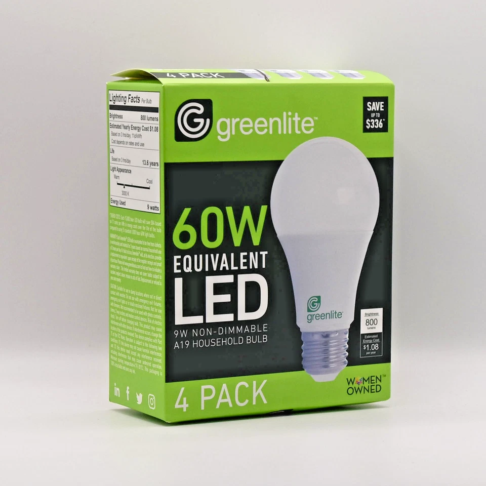 Greenlite 4pack 9W A19 60W Equivalent LED Bright White Bulb 800 Lumen 15 000 Hrs