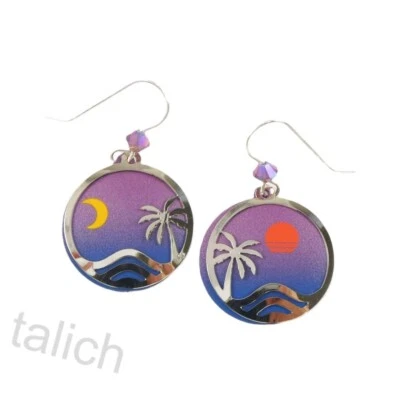 Adajio Earrings 'Dawn and Dusk' Beach Palm Tree with Sunset and Moon Unique Gift - Image 1 of 4