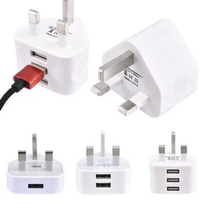 Mains 3 Pin UK Plug 3 AMP USB Adapter Wall Charger home Charging for Phones NEW - Zdjęcie 1 z 14
