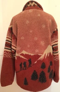 Woolrich Mens Sz L Red /Wine Fleece Jacket, Long Sleeve Zip Beautiful Snow Scene - Picture 1 of 16