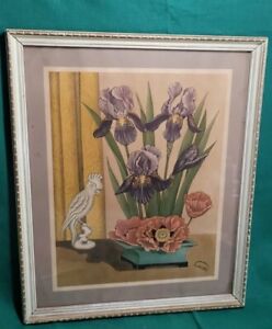 Bird Iris and Poppy Print Signed Gabrielle 18" x 16"  MCM Vintage Framed Art