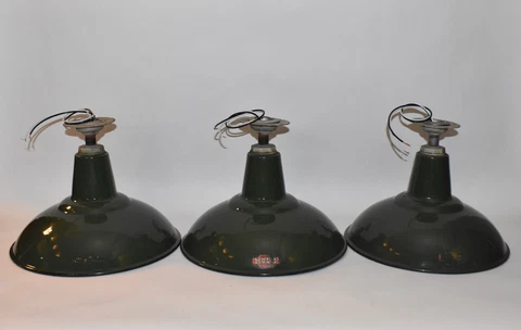 Matching Set 14" Green & White Porcelain Lights Industrial Antique Farmhouse Cover