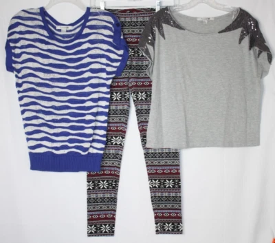FOREVER 21 LOT 3 SHIRT TOP LEGGINGS SZ LARGE KNIT SEQUIN AZTEC SNOWFLAKE WOMENS - Image 1 of 4