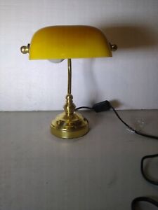 Vintage mini Bankers Lamp Yellow glass shade Brass Table Lamp retro