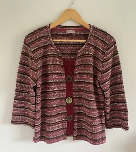 Per Una M&S Cardigan Jacket M Pink Red Green Stripe Mismatch Buttons Boho Chunky - Picture 1 of 11