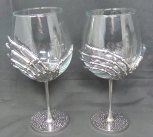 2 Skeleton Hand Wine Glasses Silver Metal Dimple Stem Glass Halloween Goblets - Picture 1 of 4