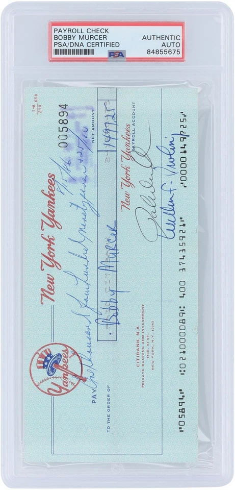 Cheque firmado por Bobby Murcer New York Yankees del 15 de agosto de 1986 - PSA 84855675 Foto 1 de 2