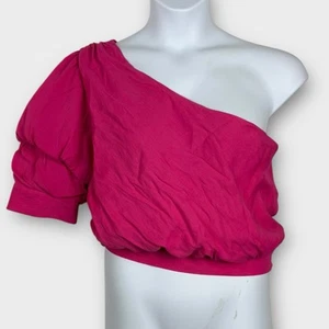 Do + Be Women's Large One Shoulder Hot Pink Blouse Ruffle Puff Sleeve Cropped - Picture 1 of 5