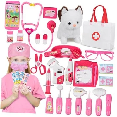 33Pcs Pet Doctor Kit for Toddlers - Dress Up Costume & Pink with Cat Toy - Image 1 of 4