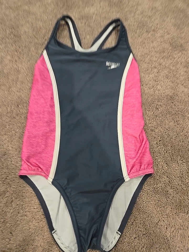 Kids Girls Speedo One-Piece Swimsuit Dark Gray Pink Size 8 - Image 1 of 4
