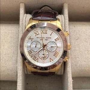 MICHAEL KORS LAYTON GOLD & BROWN TONE EMBOSSED BROWN LEATHER BAND WATCH MK8263 - Picture 1 of 1