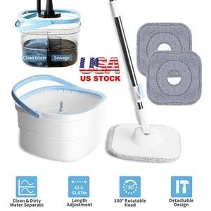 Spin Mop and Bucket with Wringer Set Flat Floor Mop or 5Pcs Microfiber Mop Pads - Picture 1 of 25