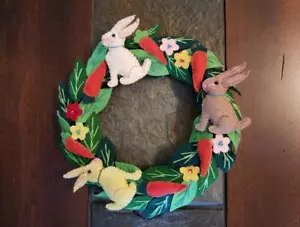 Hand made 8.5" EASTER Candle Ring small Wreath Wool Flannel Carrot RABBIT Bunny - Picture 1 of 9