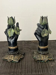 Petites Choses Nubian Blackamoor Figural Rustic Metal Hand Candlestick Holders - Picture 1 of 12