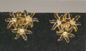 Vintage Flower Trio Cluster Earrings Screw Back Rhinestone Black Enamel Gold - Picture 1 of 12