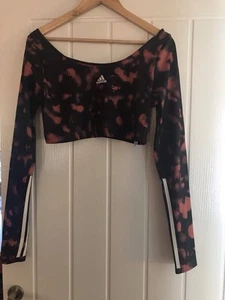 Adidas Red & Black Abstract Print Crop Top Long Sleeve Size L - Picture 1 of 6