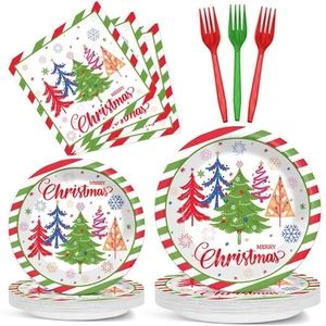 96Pcs Christmas Party Supplies Red Green Christmas Tree Paper Plates and Napk... - Picture 1 of 7