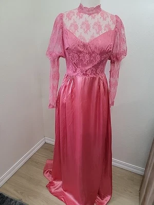 1980's-Vtg Pink Lace Satin Dress Long High Collar Puff Sleeve Formal Prom  - Image 1 of 4