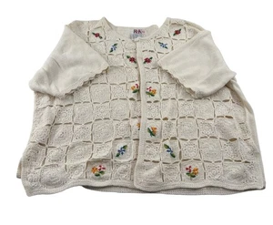 R&K Originals Vintage Womens Cream Crochet Cardigan Floral Embroidery Size 20 - Picture 1 of 4