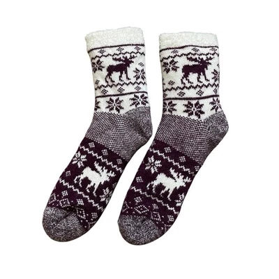 Calcetines de cabina Fair Isle mullidos forrados granate rojo blanco estampado de ciervos cómodos para mujer 6-8 Foto 1 de 4