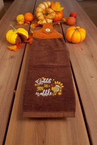Thanksgiving Hanging Dishtowel "Gobble Till You Wobble" Monogram Brown Towel - Picture 1 of 6