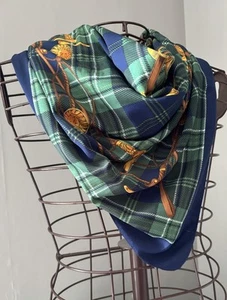 Vintage Square Scarf ‘Silk Like’ Equestrian Check Pattern - Picture 1 of 10