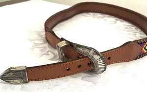 Vintage Beaded Belt Sz 34 Western Boho Chic Patina Silver Buckle - Picture 1 of 8