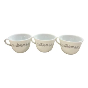 Vintage Pyrex Set of 3 Tea Cup White Milk Glass Gray Floral Pattern C Handle - Picture 1 of 7