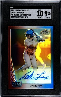 2021 Leaf Metal Draft Jake Fox RED WHITE BLUE /10 SGC 9 w/10 AUTO (8/10) - Image 1 of 2