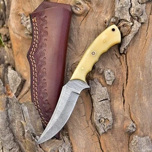 Handmade Damascus Steel Hunting Knife With Camel Bone Handle & Leather Sheath - Picture 1 of 3